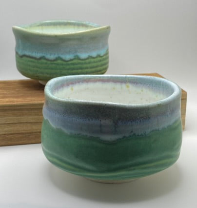Blue, Green & Aqua Glaze on White Clay Handmade Chawan Matcha Bowl (Large)