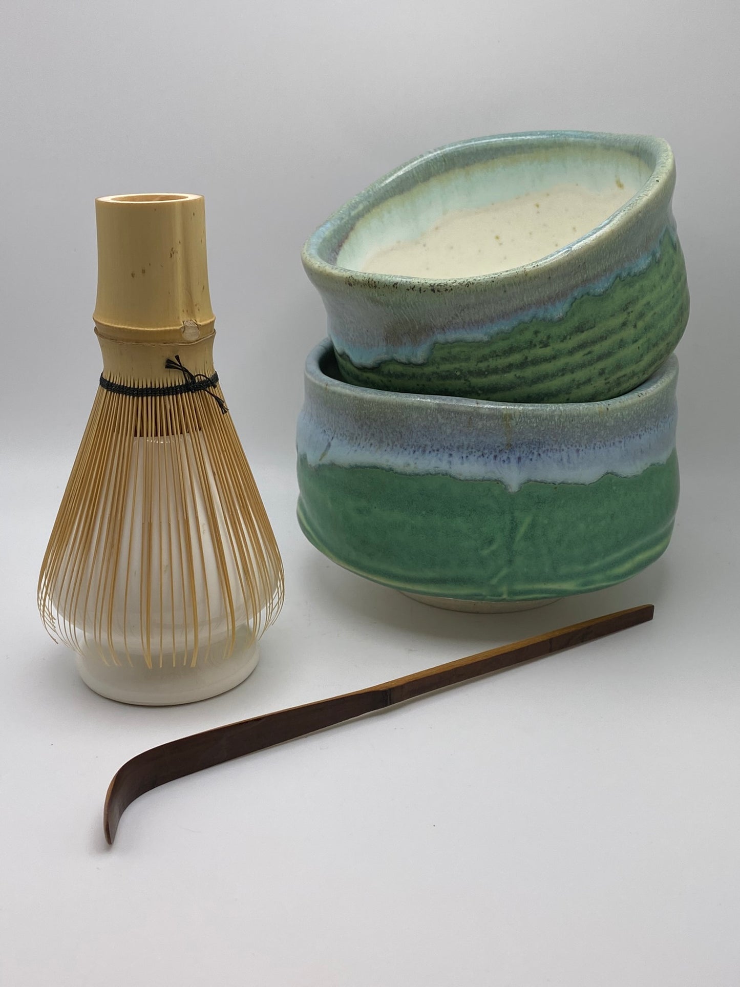 Blue, Green & Aqua Glaze on White Clay Handmade Chawan Matcha Bowl (Large)