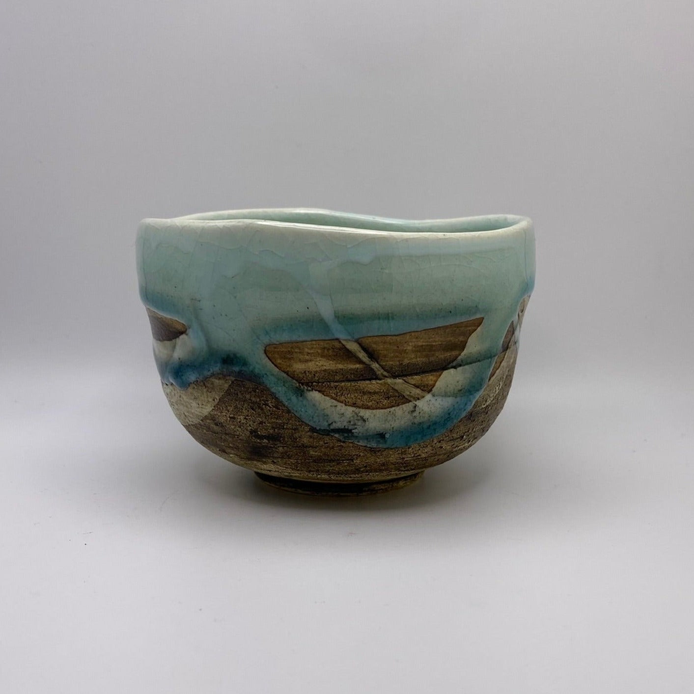 Marine Crackled Glaze on Brown Clay Handmade Chawan Matcha Bowl (Large)