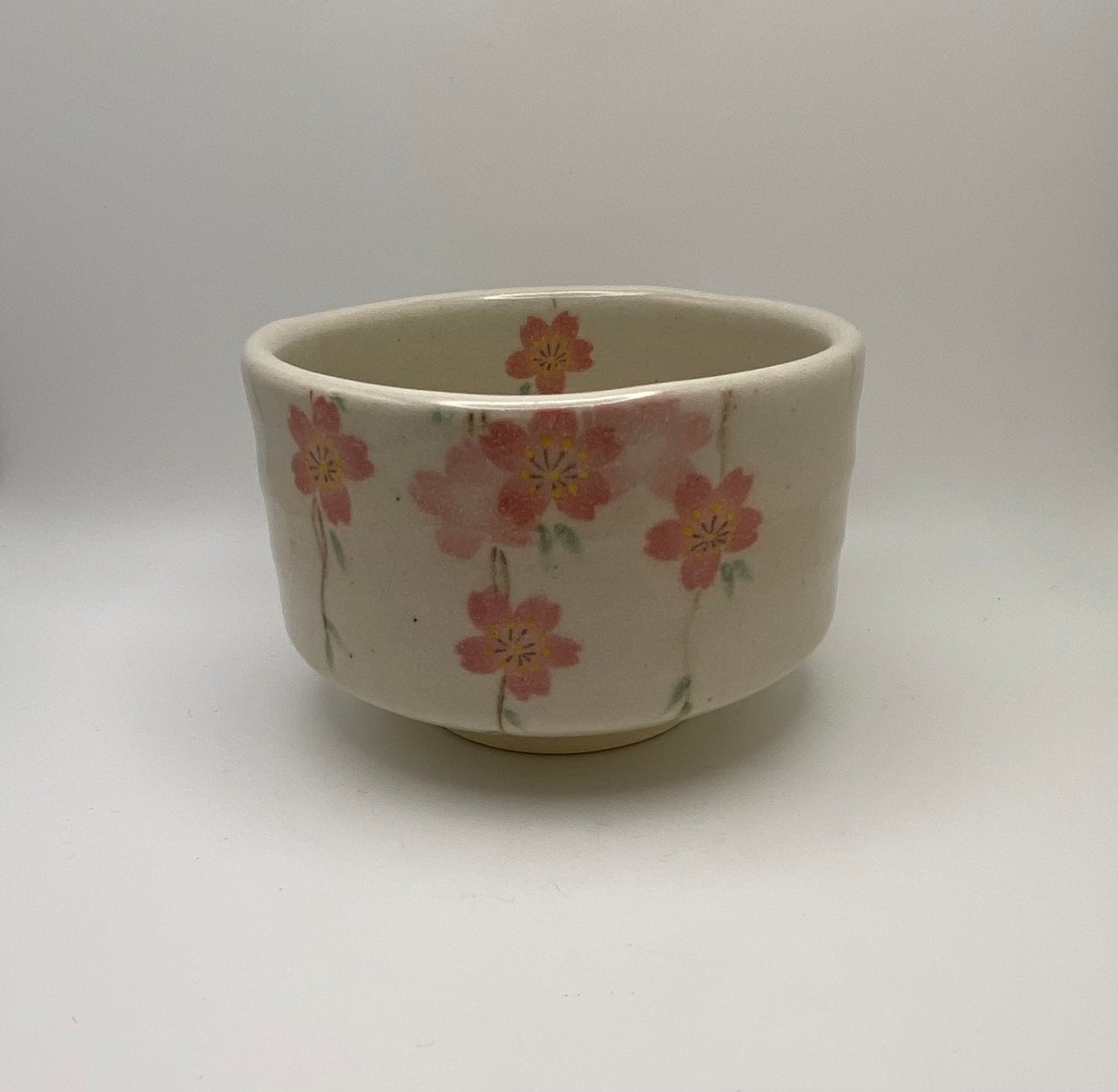 Sakura Hand Painted Cherry Blossom on White Clay Handmade Chawan Matcha Bowl (Large)