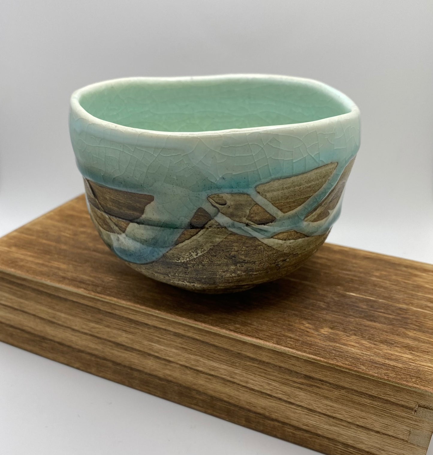 Marine Crackled Glaze on Brown Clay Handmade Chawan Matcha Bowl (Large)
