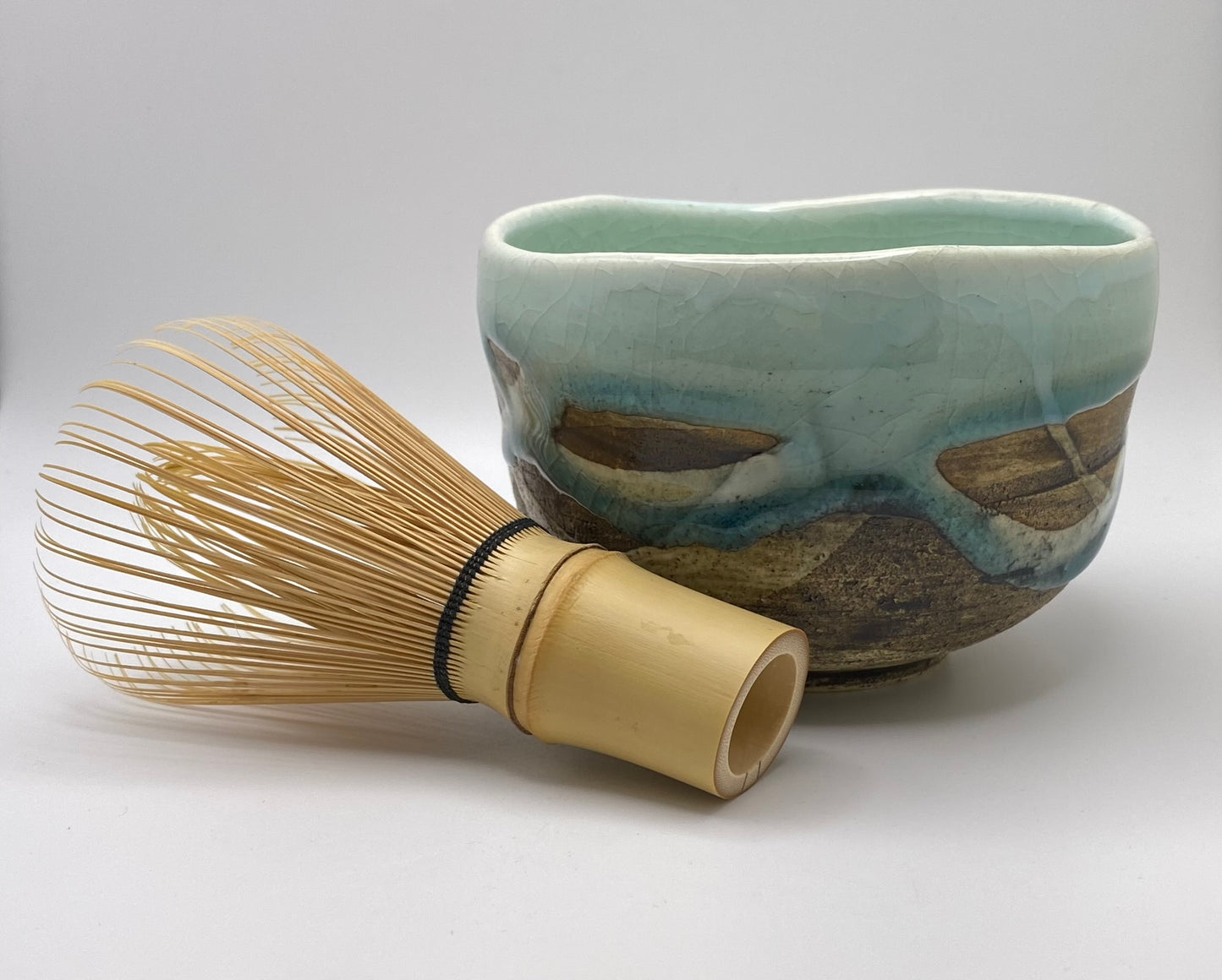 Marine Crackled Glaze on Brown Clay Handmade Chawan Matcha Bowl (Large)