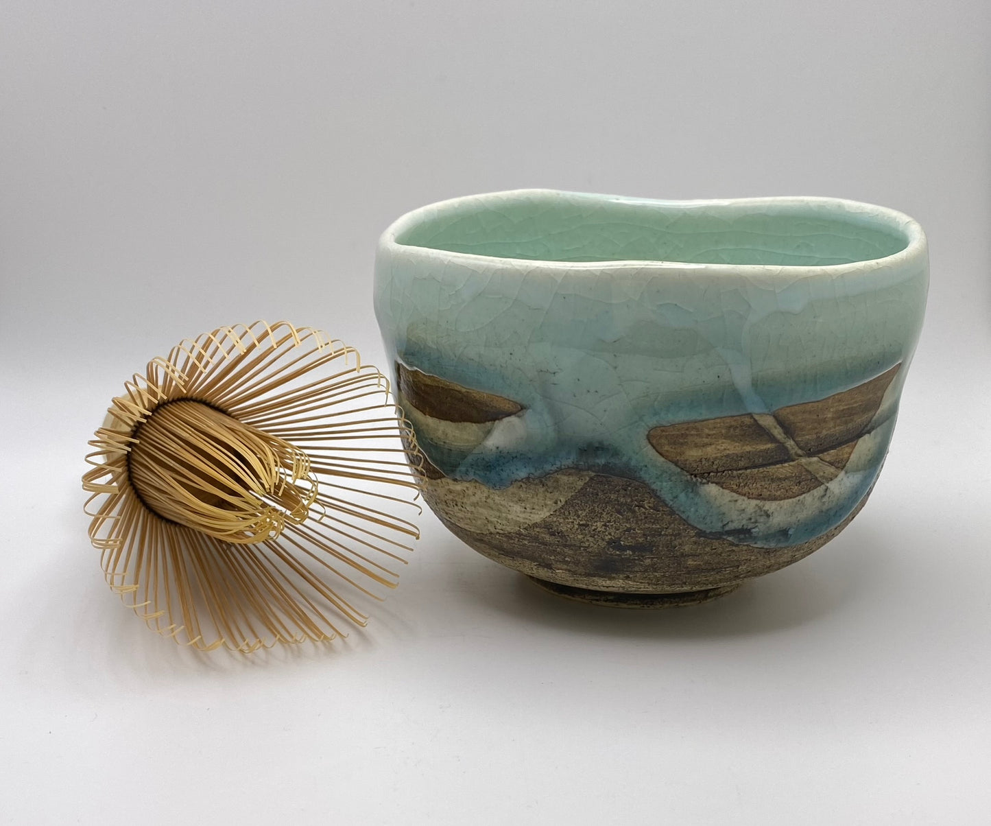 Marine Crackled Glaze on Brown Clay Handmade Chawan Matcha Bowl (Large)