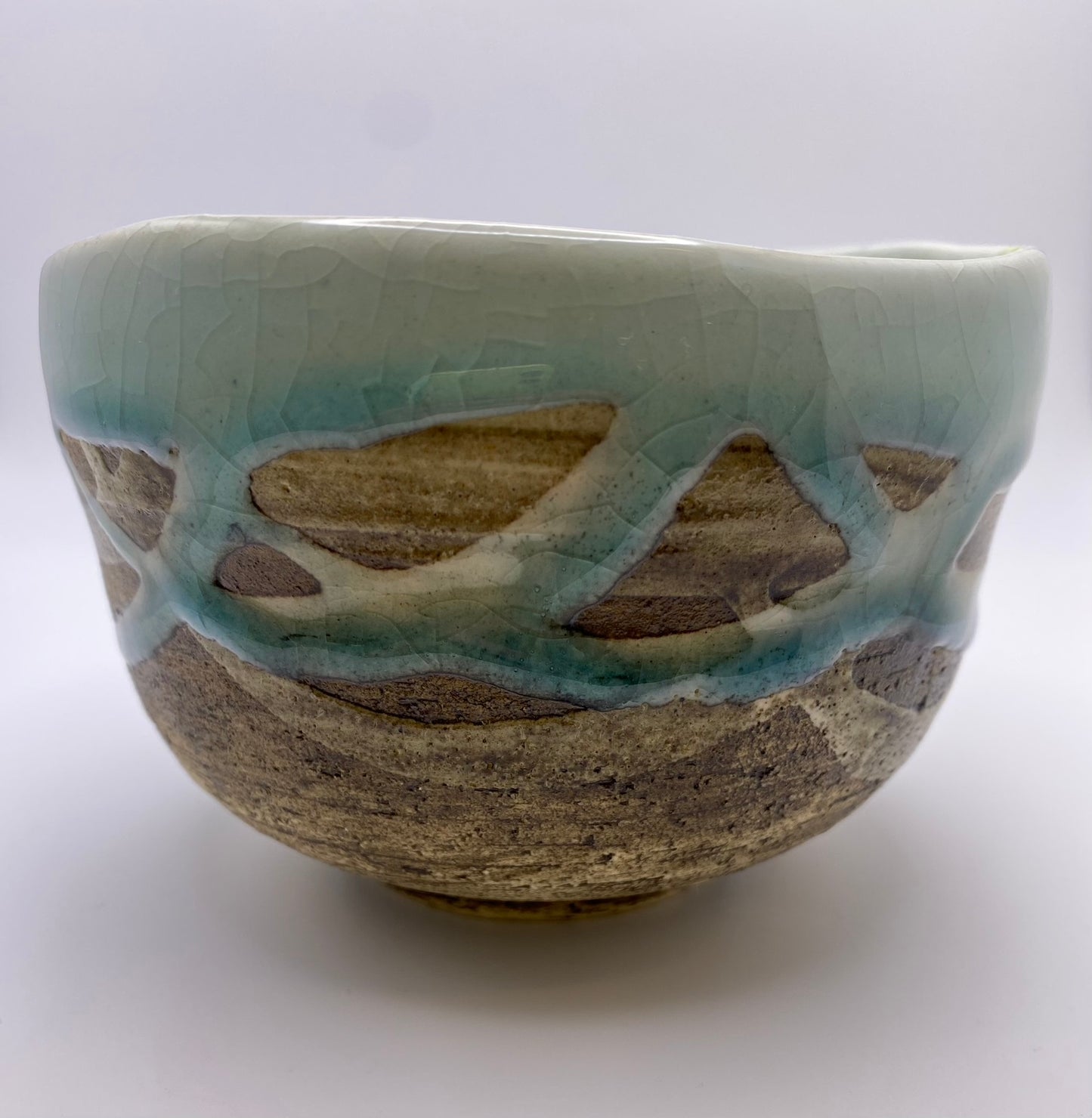 Marine Crackled Glaze on Brown Clay Handmade Chawan Matcha Bowl (Large)