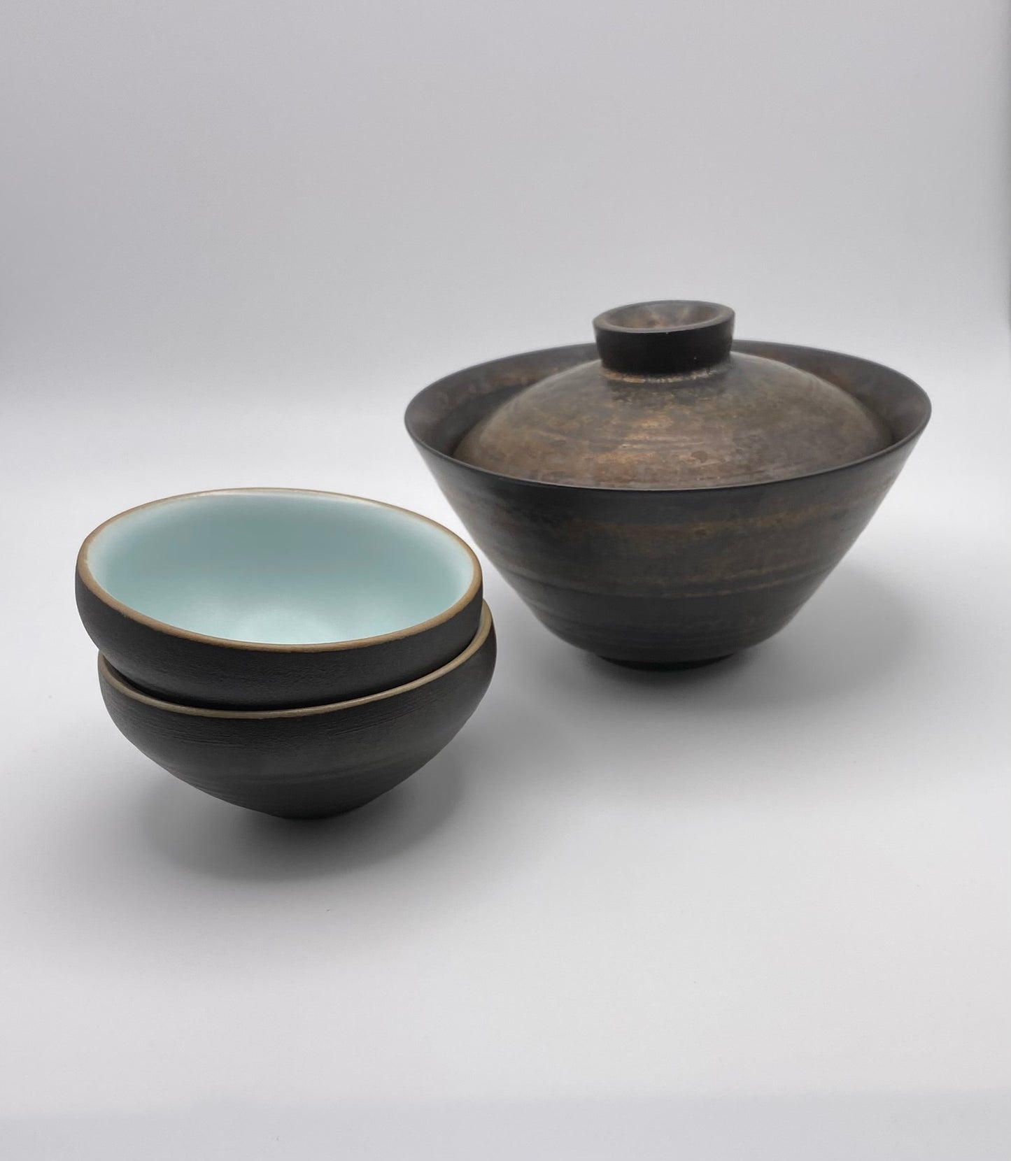 "Ripple" Coarse Black Japanese Pottery Tea Cup Celadon Glazed Interior 45ml
