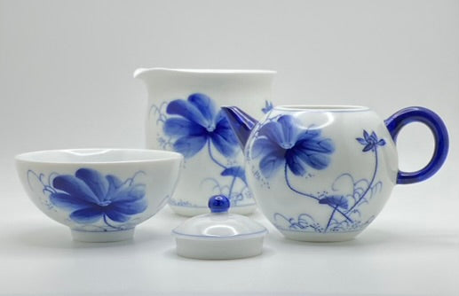 Blue Lotus Hand Painted Porcelain Tea Set (tea pot, 3/5 cups, pitcher)