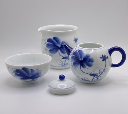 Blue Lotus Hand Painted Porcelain Tea Set (tea pot, 3/5 cups, pitcher)