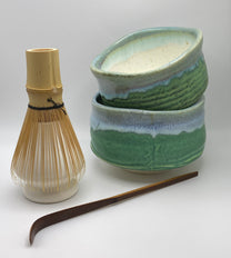 Blue, Green & Aqua Glaze on White Clay Handmade Chawan Matcha Bowl (Small)
