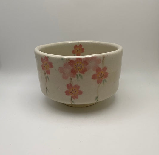 Sakura Hand Painted Cherry Blossom on White Clay Handmade Chawan Matcha Bowl (Large) 