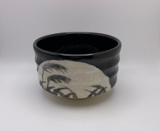 Black & White Glaze on White Clay Hand Painted Blowing Leaves Handmade Chawan Matcha Bowl (Large) 