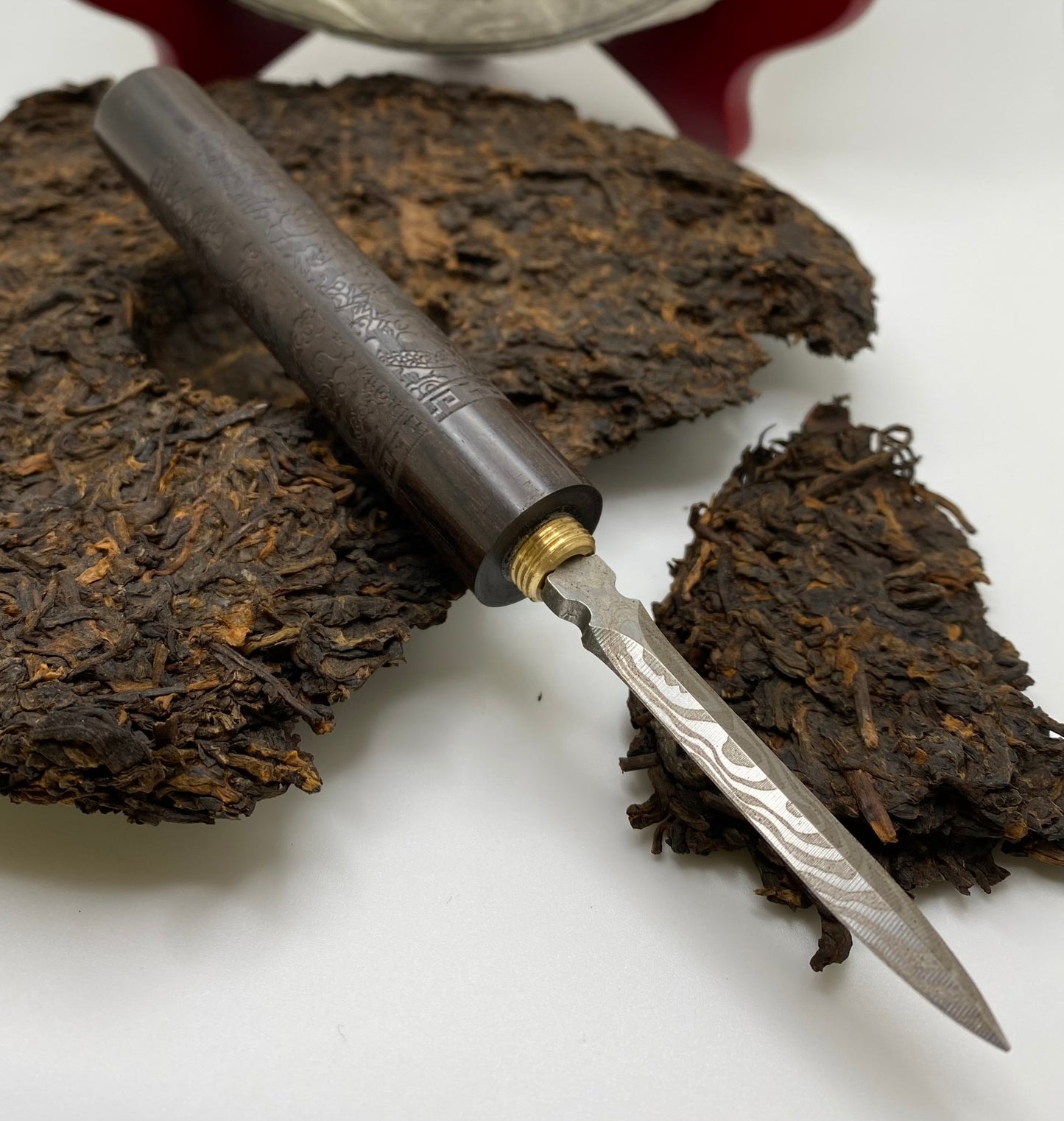 Carved Wood Pu'er Tea Knife with Damascus-style Blade