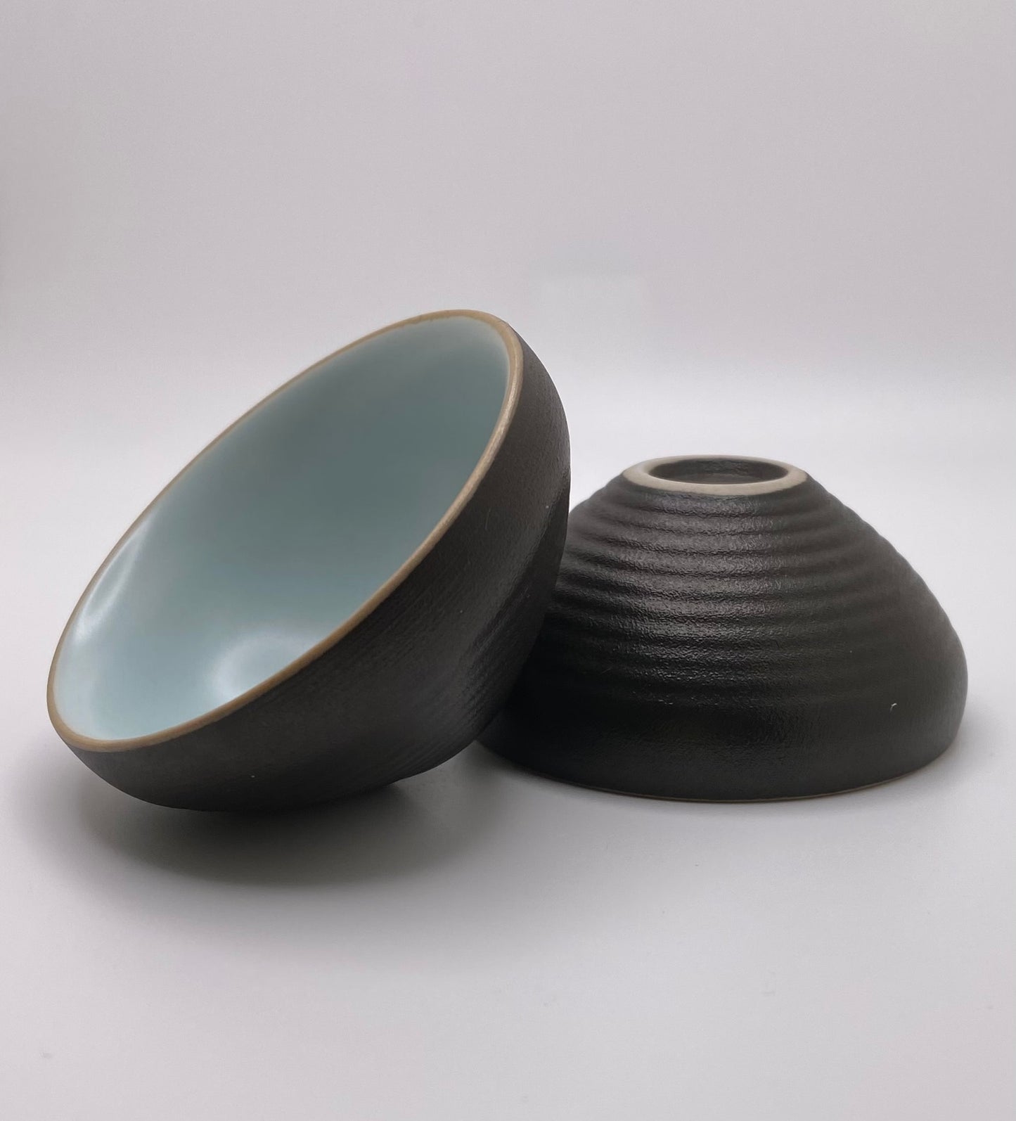 "Ripple" Coarse Black Japanese Pottery Tea Cup Celadon Glazed Interior 45ml